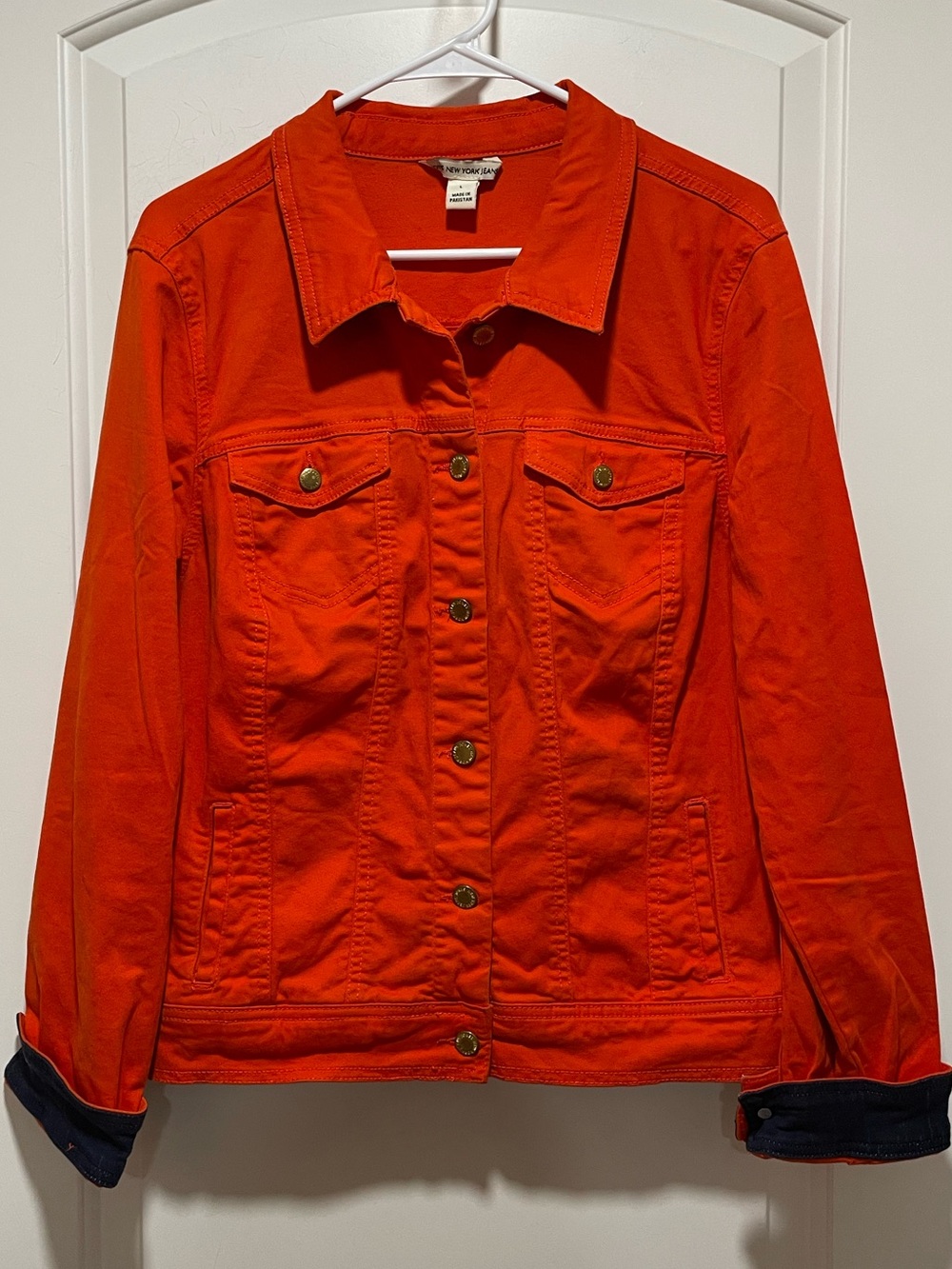 Fall Fav! Jones NY Vibrant Fiery Orange Stretch Denim Pockets Sz Large Jacket